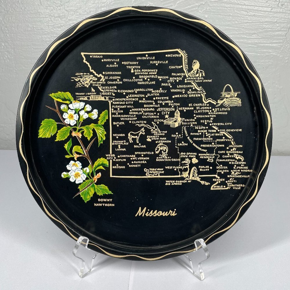 Vintage State Missouri Souvenir Tray Black Tan Metal Travel Downy Hawthorn Map